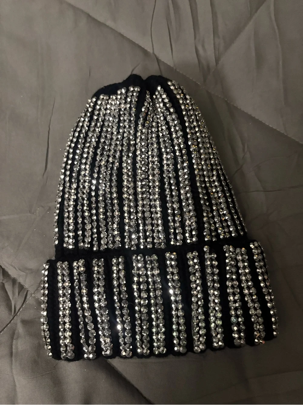 Black Rhinestone Pom Pom Beanie - Embellished Winter Hat- Pom Pom is removable